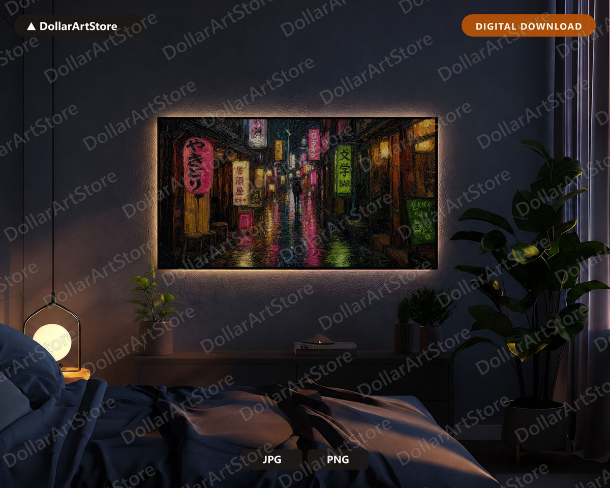 Moody Neon Street Frame TV Art, Dark Urban Scenery Samsung TV Download, Cozy Rainy East Asia 4K
