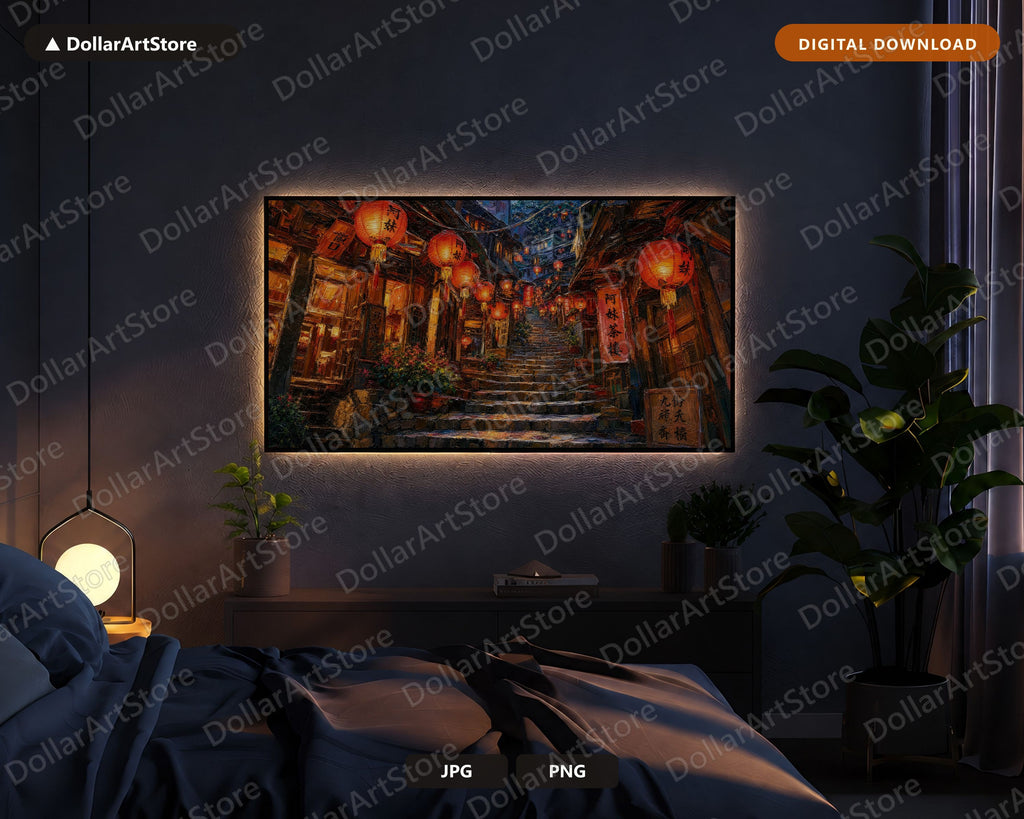 Cozy East Asia Lantern Alley Frame TV Art, Samsung Frame TV 4K Digital Download, Textured Night Scenery