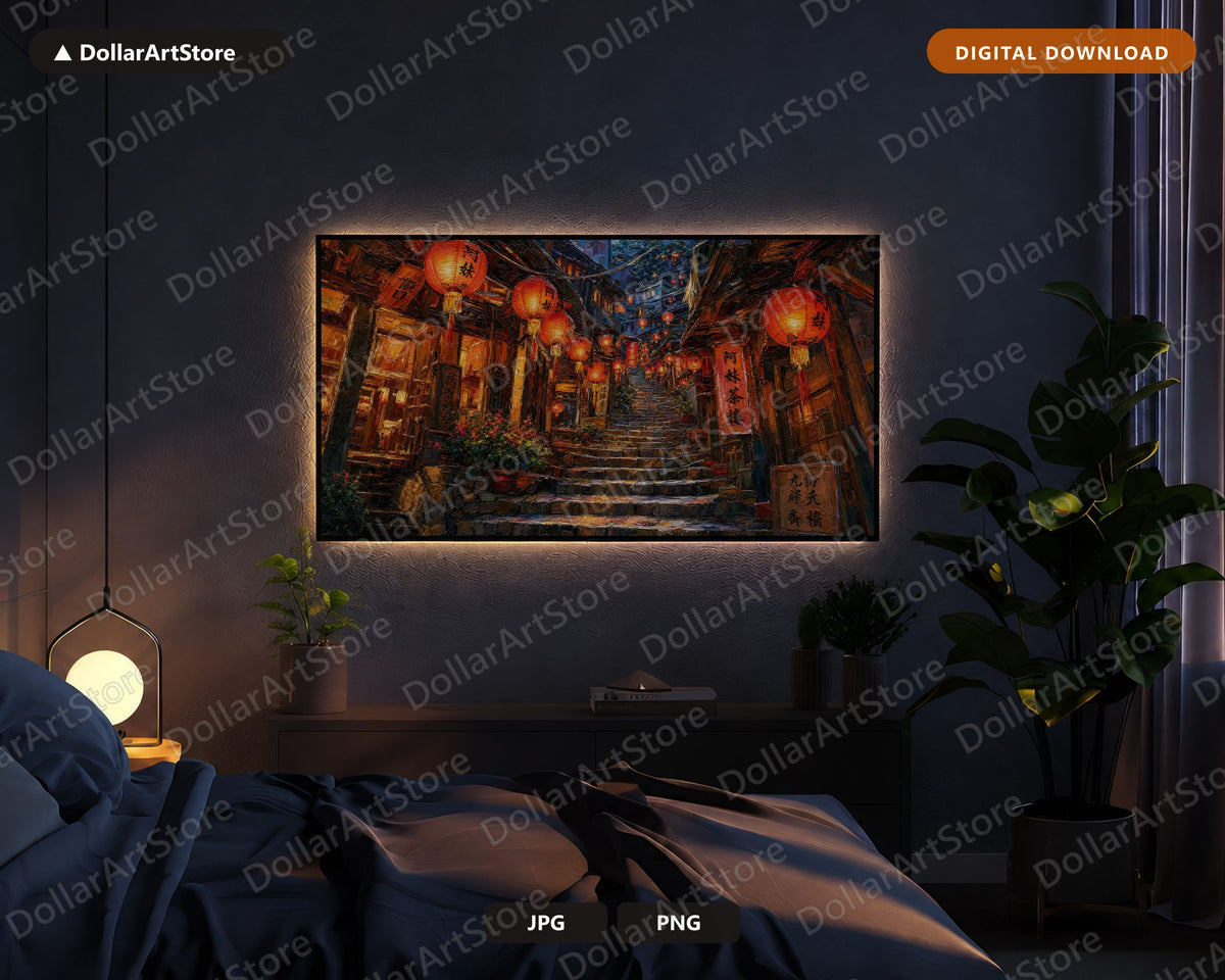 Cozy East Asia Lantern Alley Frame TV Art, Samsung Frame TV 4K Digital Download, Textured Night Scenery
