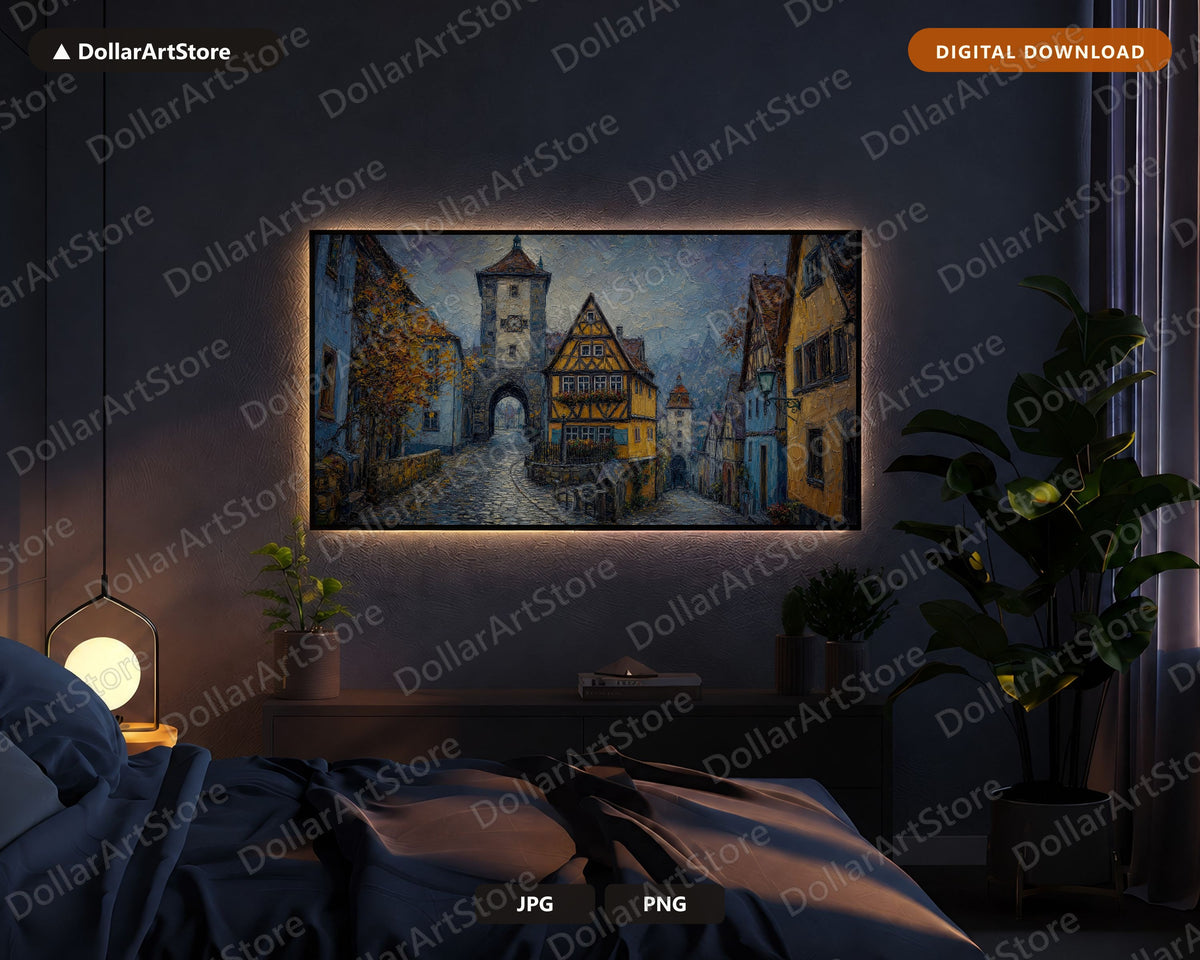 Cozy Medieval European Town Frame TV Art, Samsung Frame TV Digital Download, 4K Textured Scenery