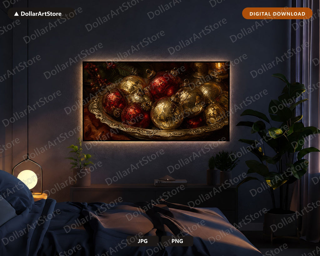 Cozy Christmas Frame TV Art, Red Gold Ornaments Evergreen Holiday Decor