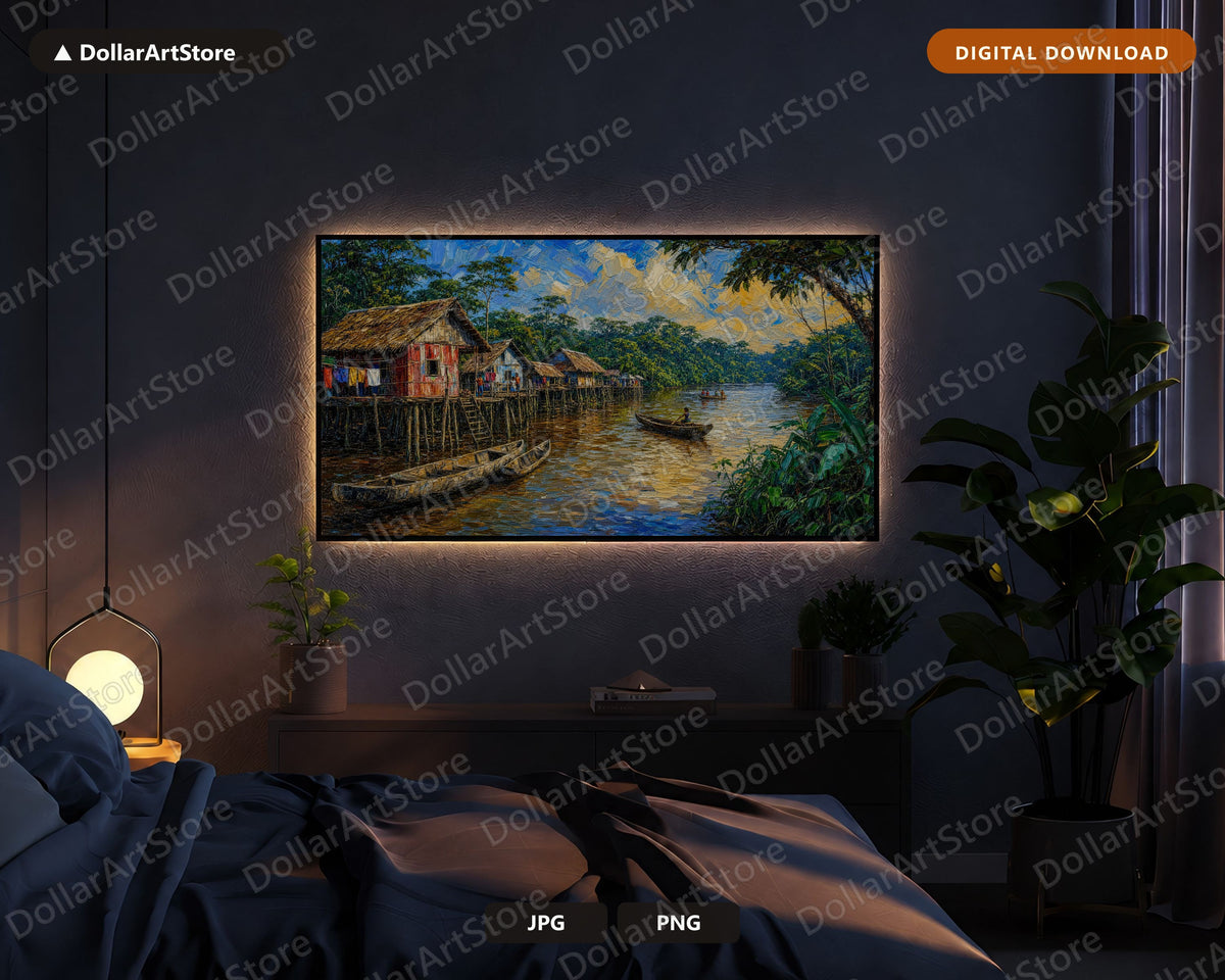 Cozy Tropical River Village Frame TV Art, Samsung Frame TV Digital Download, 4K Textured Scenery