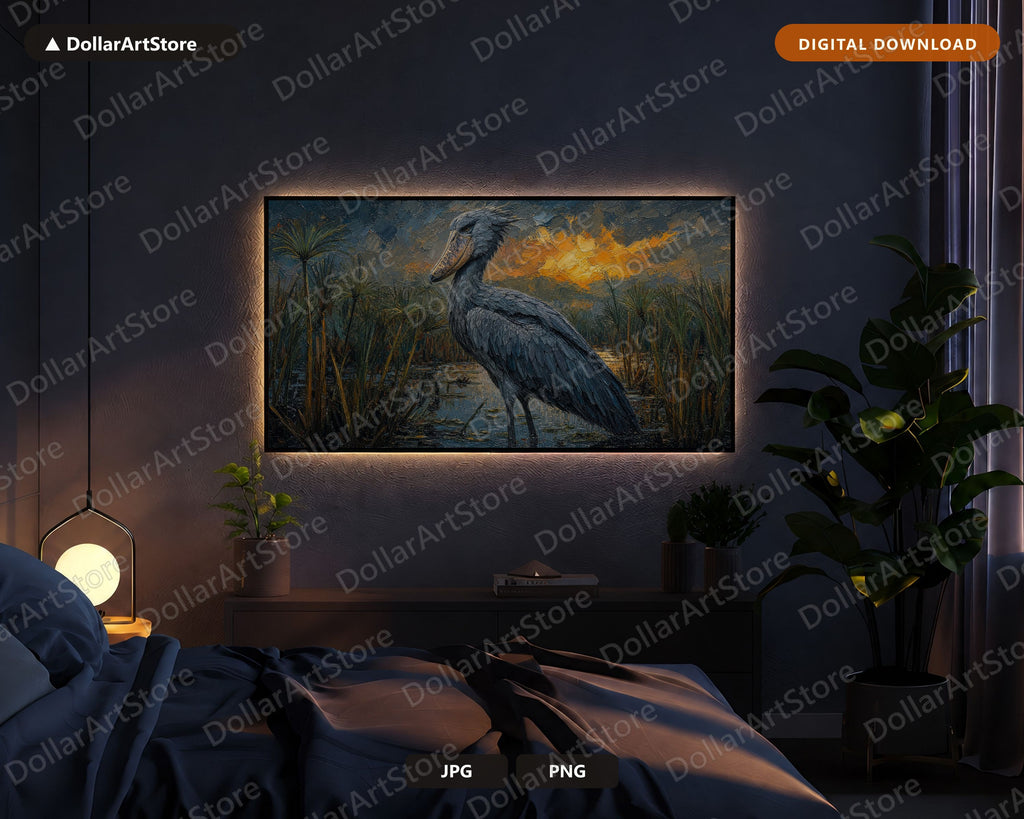 Cozy African Wildlife Frame TV Art, Shoebill Wetland Scenery Samsung Frame TV Digital Download 4K