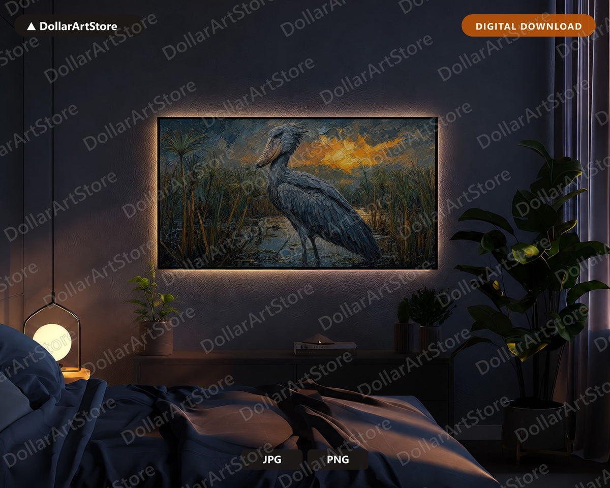 Cozy African Wildlife Frame TV Art, Shoebill Wetland Scenery Samsung Frame TV Digital Download 4K