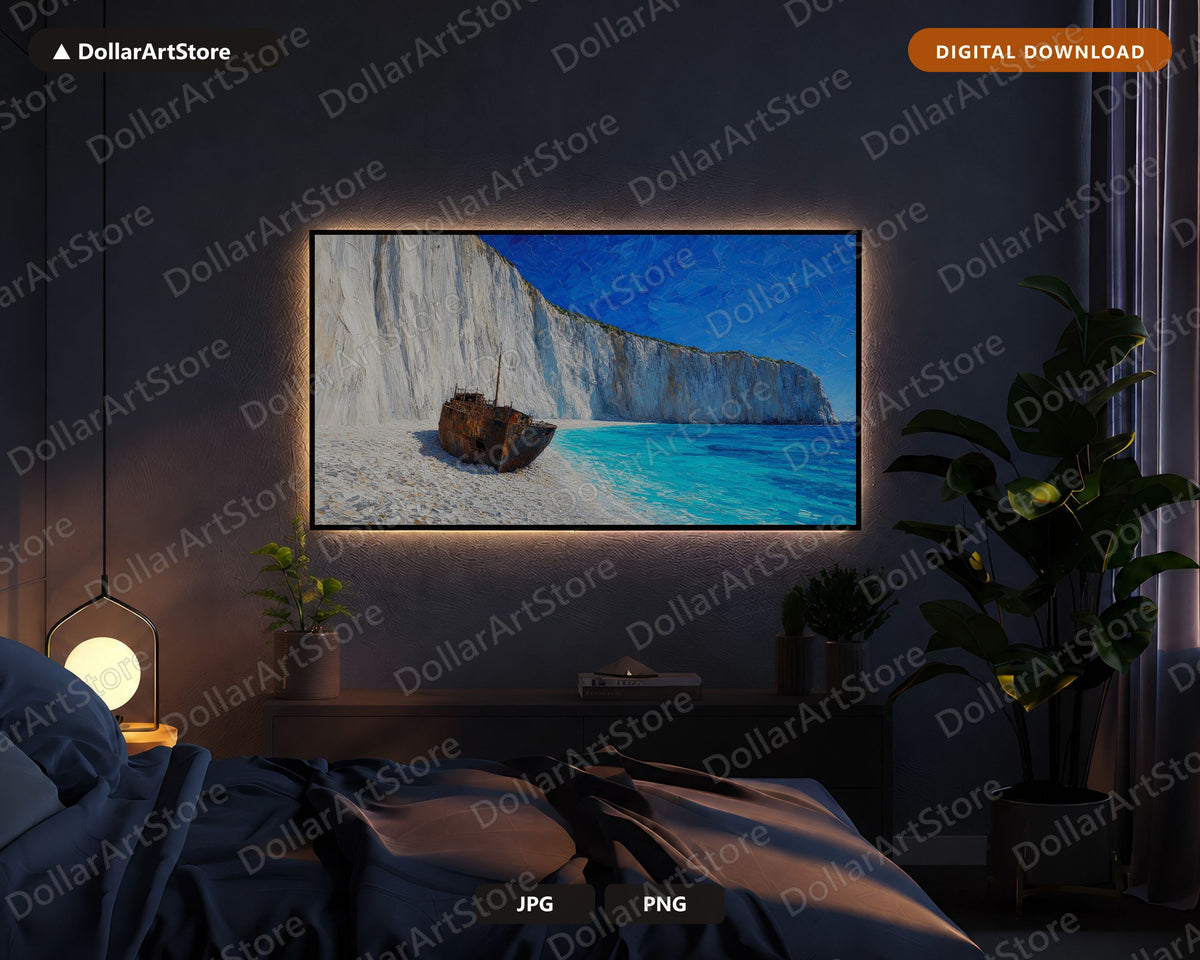 Cozy Scenic Frame TV Art, Shipwreck Beach Landscape, Samsung Frame TV Digital Download 4K