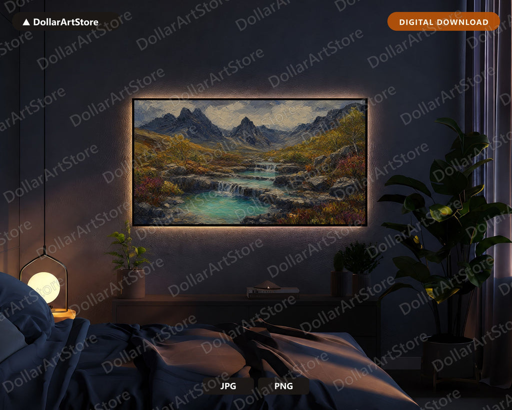 Cozy Textured Mountain Landscape Frame TV Art, Scenic Waterfall Valley Samsung Frame TV Download