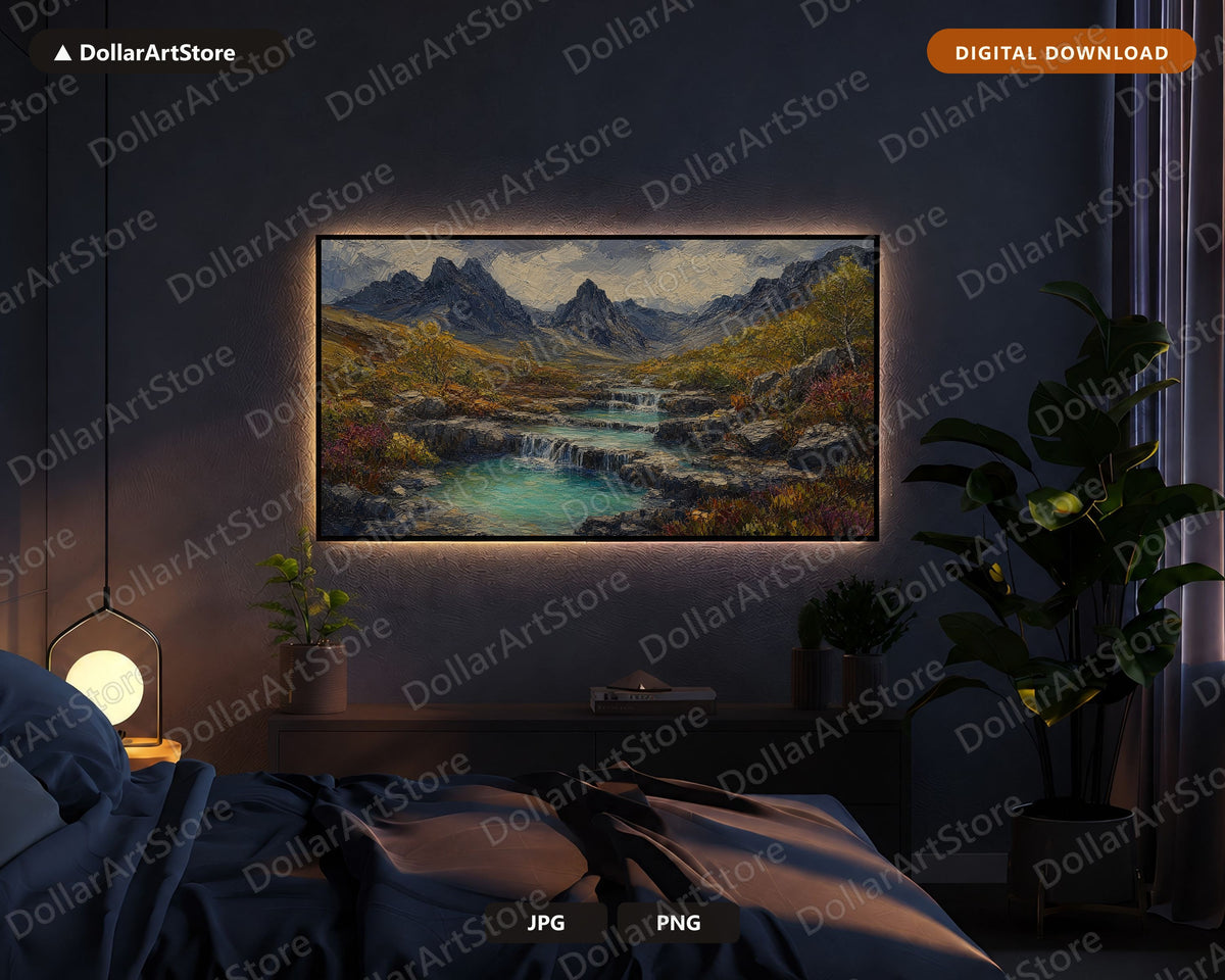 Cozy Textured Mountain Landscape Frame TV Art, Scenic Waterfall Valley Samsung Frame TV Download