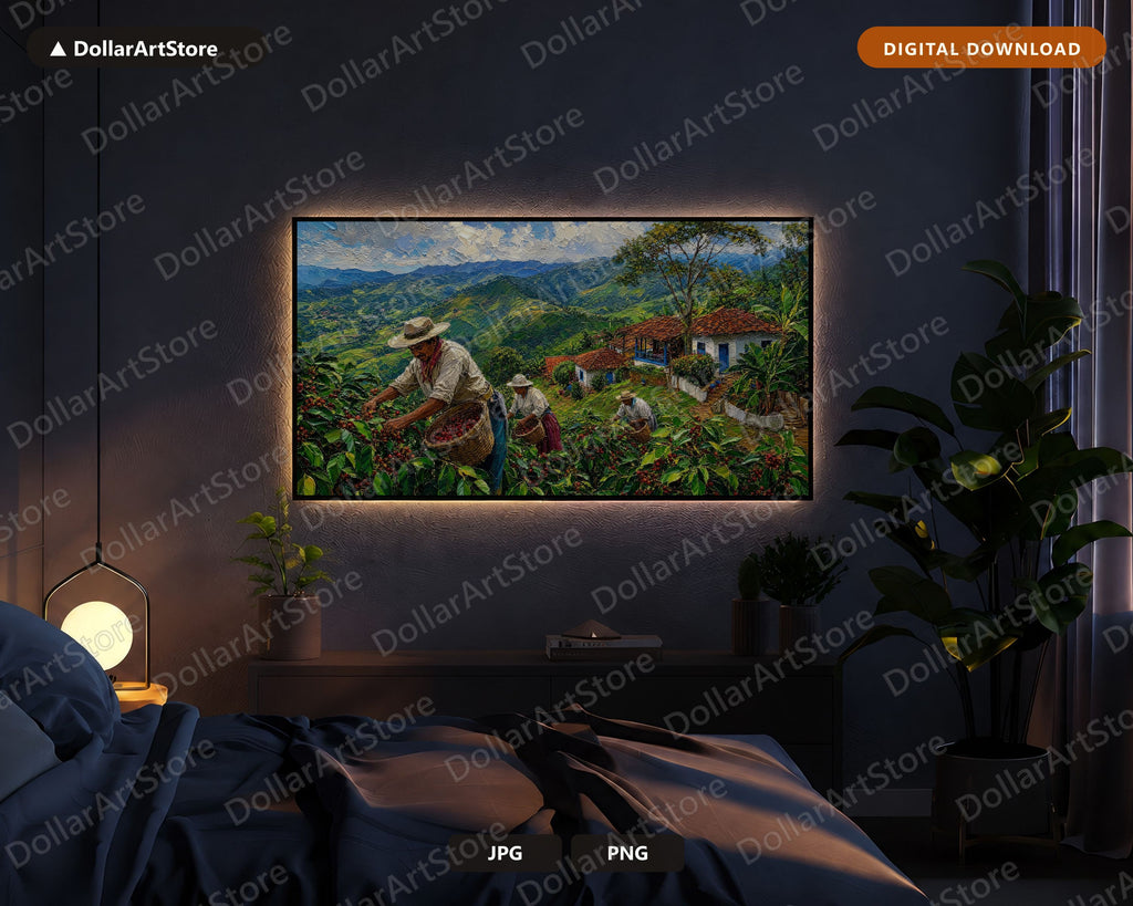 Cozy Mountain Coffee Farm Frame TV Art, Samsung Frame Digital Download, 4K Textured Harvest Landscape