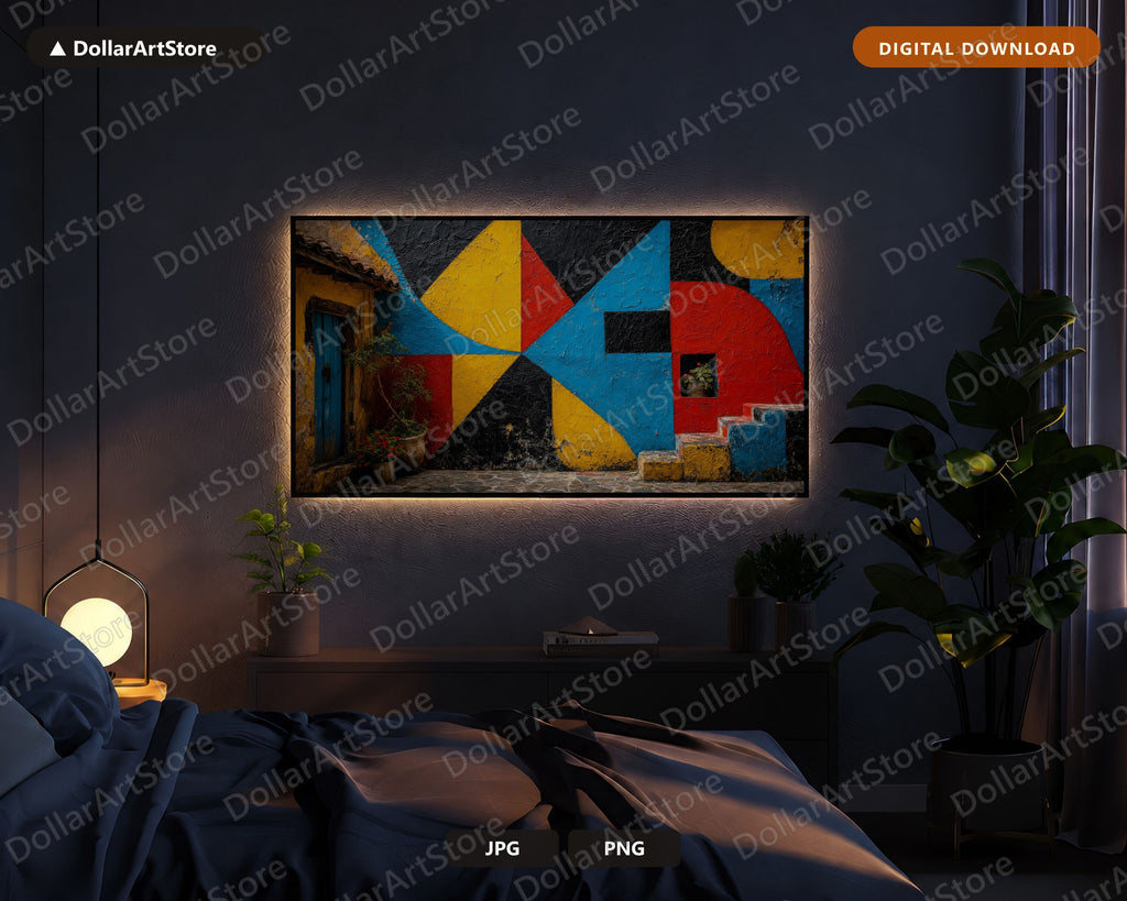 Colorful Geometric Wall Frame TV Art, Textured African Architecture, 4K Samsung Frame TV Digital Download