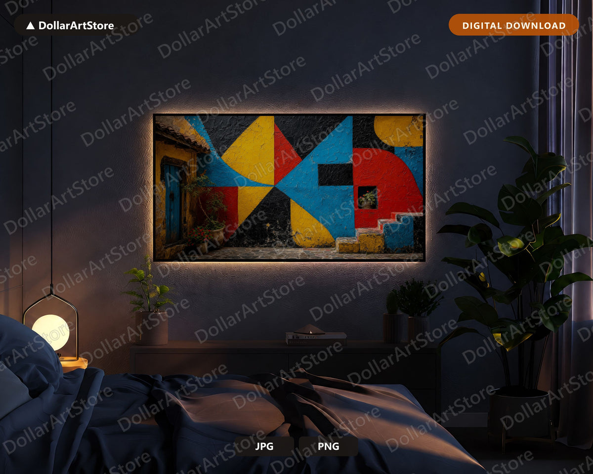 Colorful Geometric Wall Frame TV Art, Textured African Architecture, 4K Samsung Frame TV Digital Download