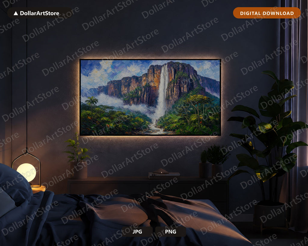 Cozy Tropical Waterfall Scenery Frame TV Art, Samsung Frame TV Digital Download, 4K Textured Landscape Art