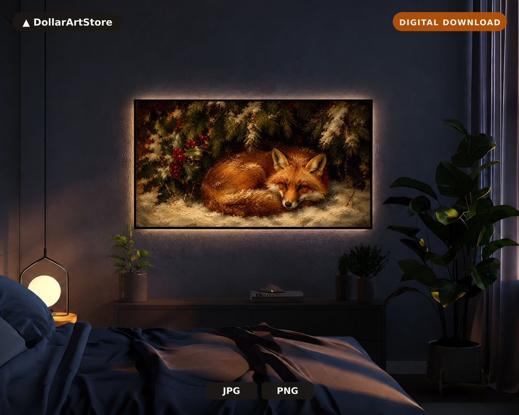 Cozy Fox Winter Frame TV Art, Samsung Frame TV Digital Download, 4K Textured Holiday Scenery