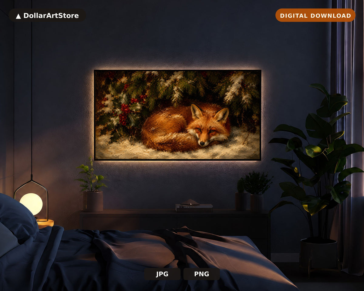 Cozy Fox Winter Frame TV Art, Samsung Frame TV Digital Download, 4K Textured Holiday Scenery