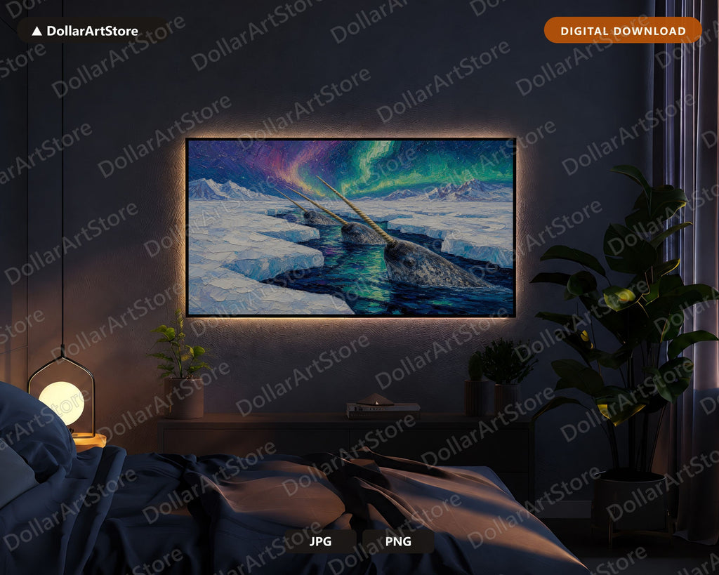 Cozy Arctic Narwhal in Polar Aurora Frame TV Art