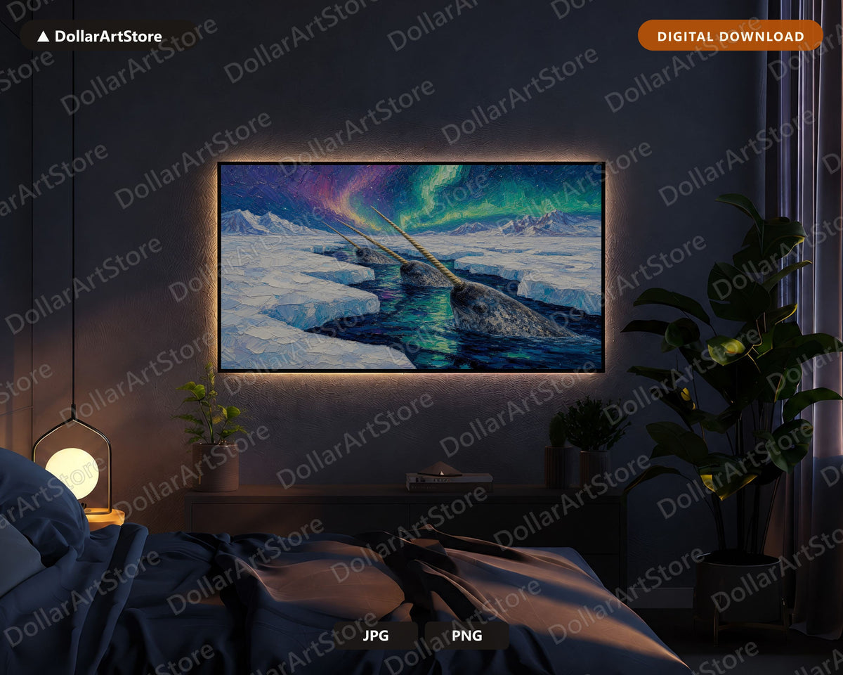 Cozy Arctic Narwhal in Polar Aurora Frame TV Art