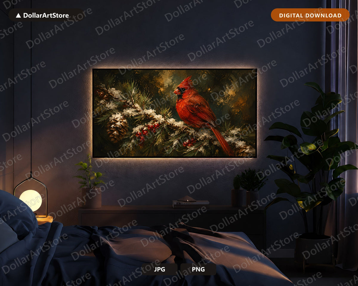 Cozy Holiday Cardinal Frame TV Art, Samsung Frame TV Digital Download, 4K Textured Winter Screensaver