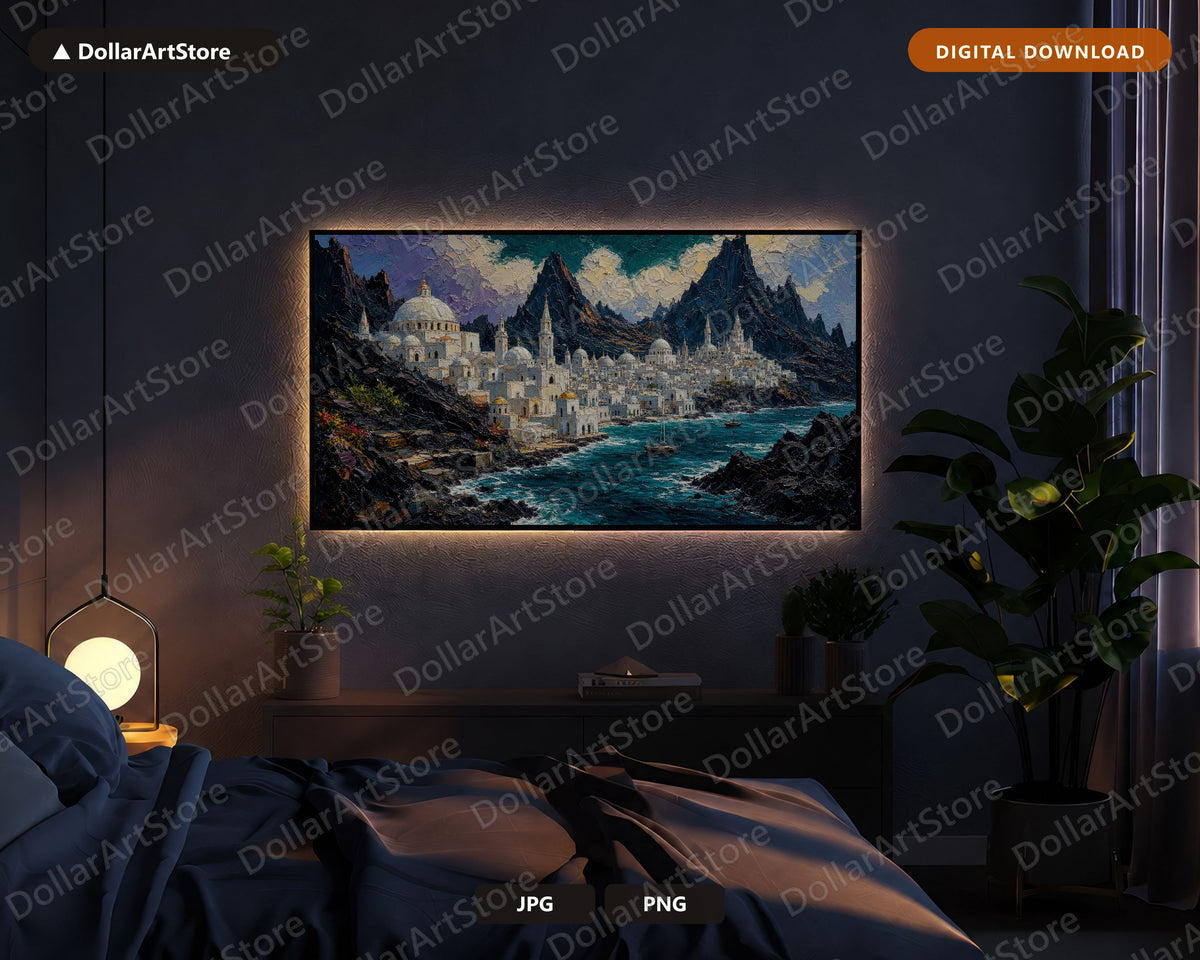  Fantasy Coastal Town Textured Frame TV Art