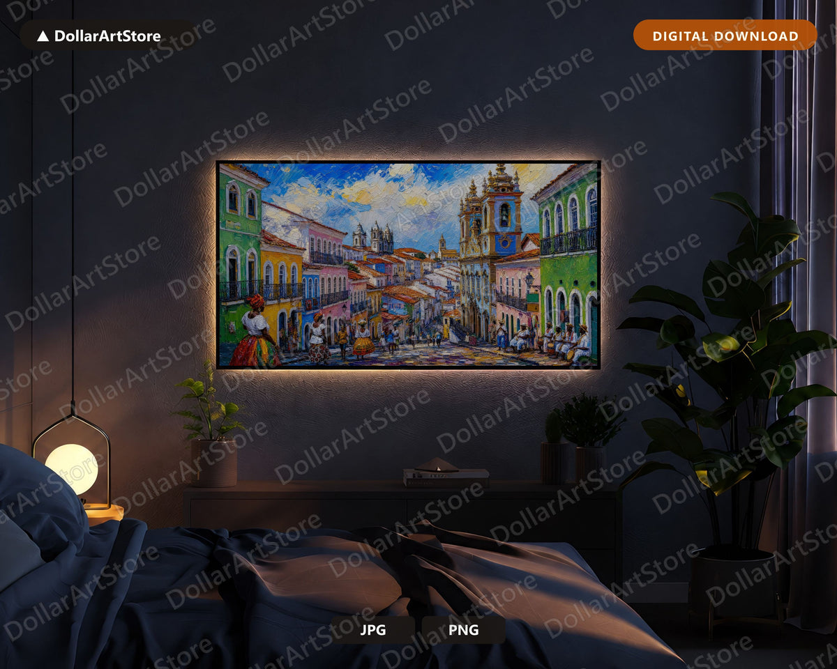 Cozy Colonial Street Frame TV Art, Samsung Frame TV Digital Download, Vibrant Textured Americas Scenery