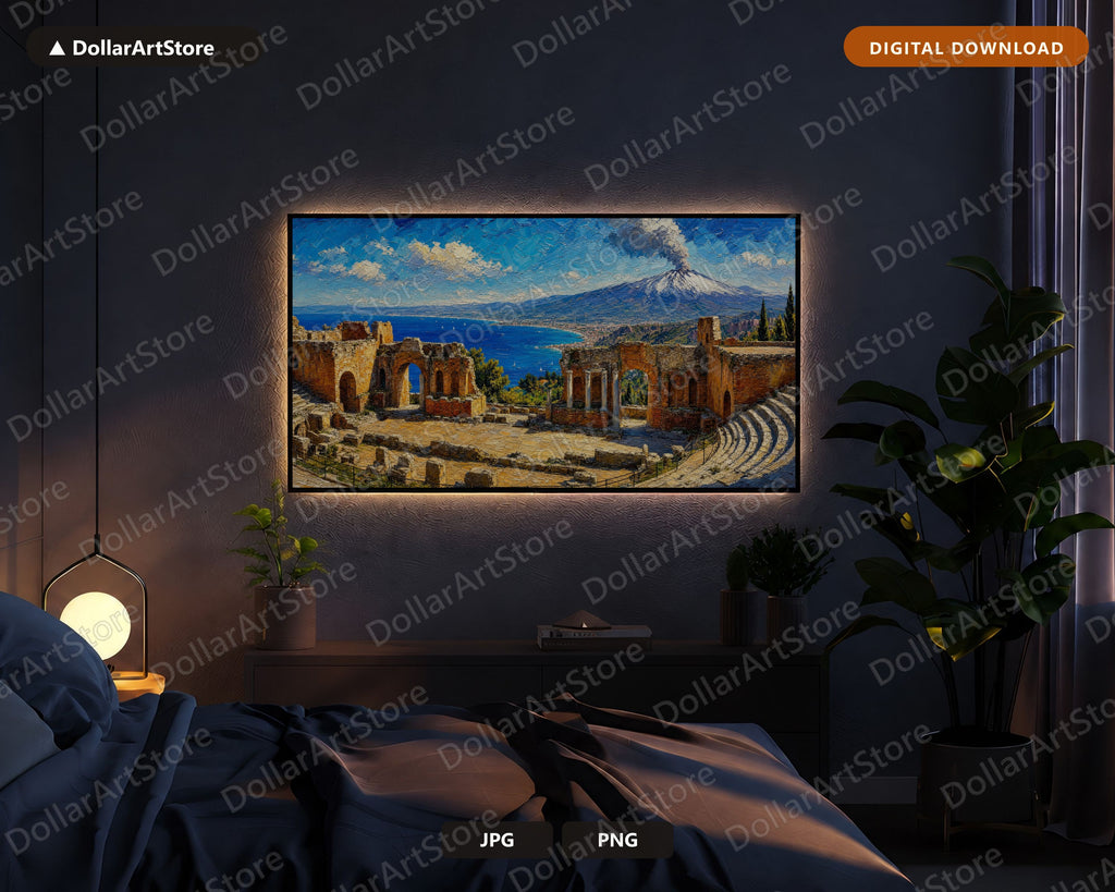 Cozy Mediterranean Frame TV Art, Ancient Theatre Taormina Sicily, Samsung Frame TV Digital Download 4K