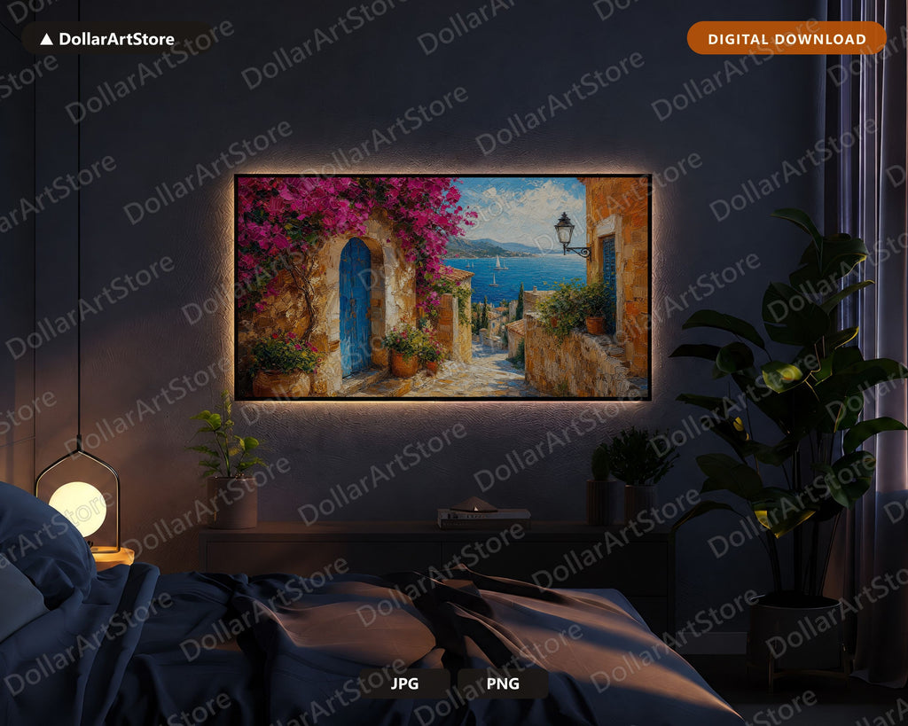 Cozy Mediterranean Frame TV Art, Textured Coastal Scenery, Samsung Frame TV Digital Download 4K