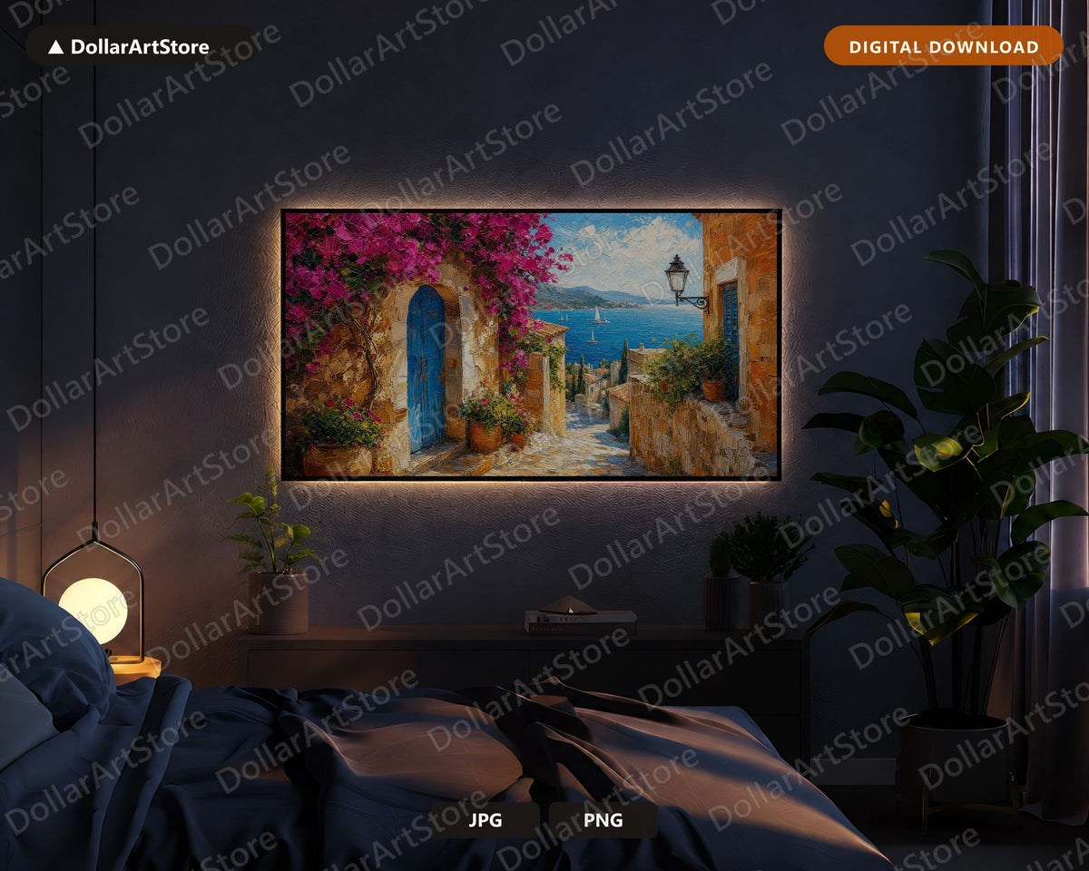 Cozy Mediterranean Frame TV Art, Textured Coastal Scenery, Samsung Frame TV Digital Download 4K
