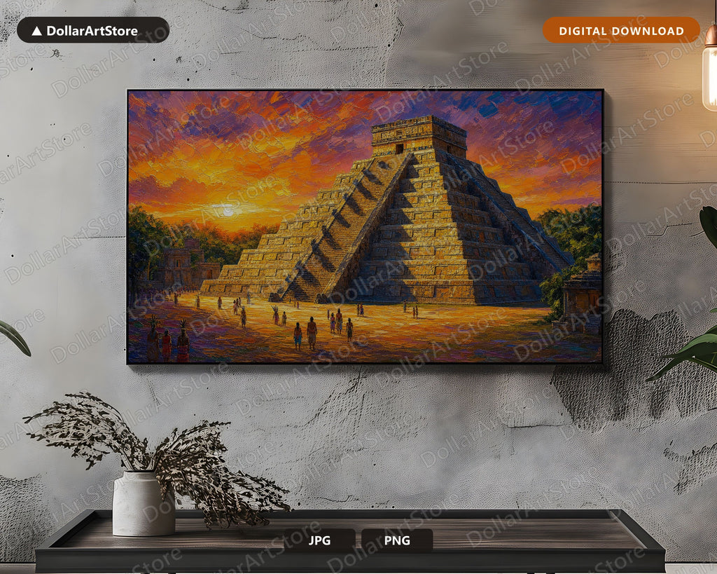 Aztec Pyramid Sunset Frame TV Art, Textured Landscape 4K Digital Download, Samsung Frame TV Screensaver