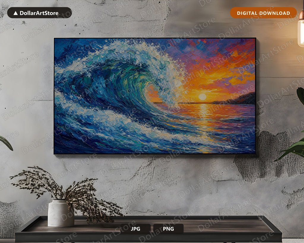 Cozy Coastal Wave Frame TV Art, Samsung Frame TV Digital Download, 4K Textured Ocean Sunset