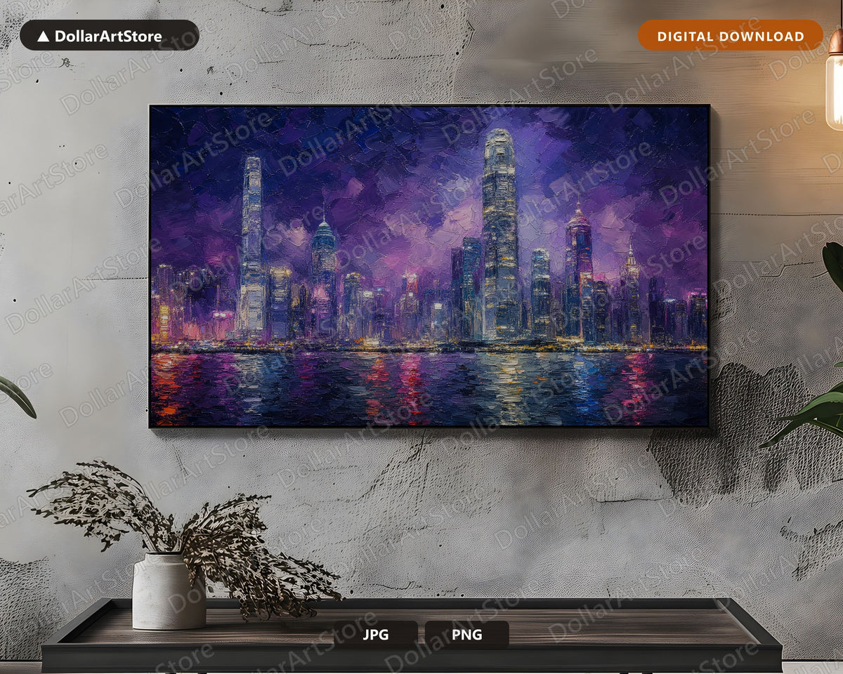 Cozy Purple City Skyline Frame TV Art, Samsung Frame TV Digital Download, 4K Textured Urban Screensaver Art