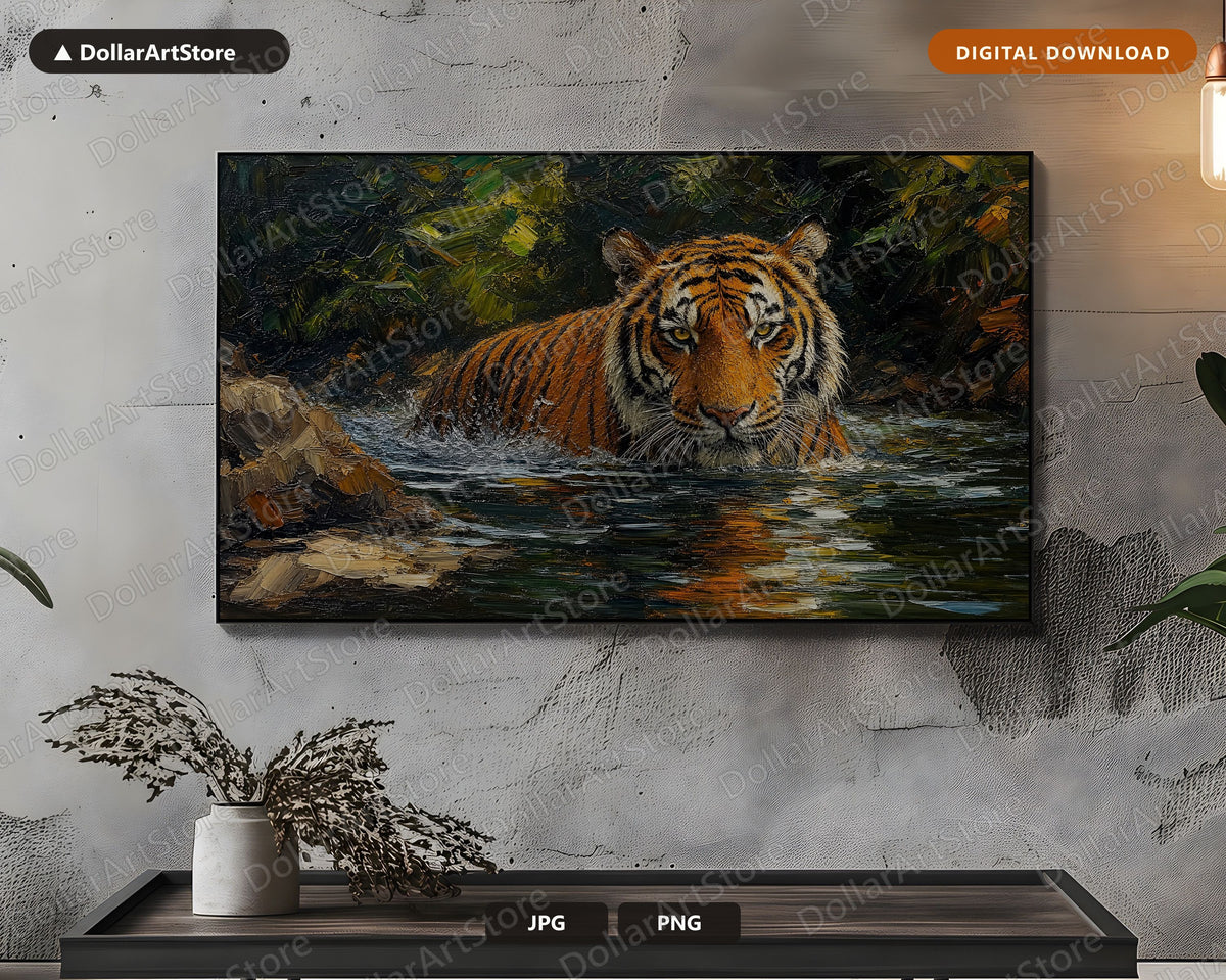 Cozy Tiger in Water Frame TV Art, Samsung Frame Digital Download, 4K Textured Wildlife Screensaver