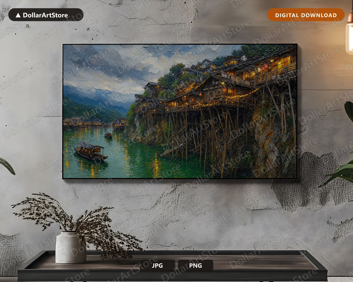 Cozy East Asia Village Frame TV Art, Samsung Frame TV Digital Download, 4K Textured Scenery