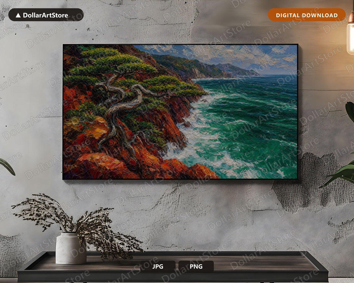 Cozy Coastal Frame TV Art, Wind-Swept Costa Brava Cliffs, Samsung Frame TV Digital Download, 4K