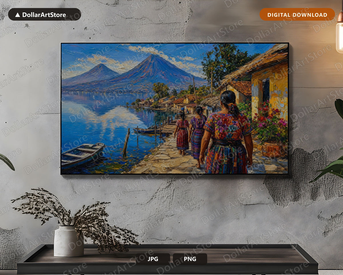 Cozy Lake Village Frame TV Art, Samsung Frame TV Digital Download, 4K Scenic Landscape Screensaver