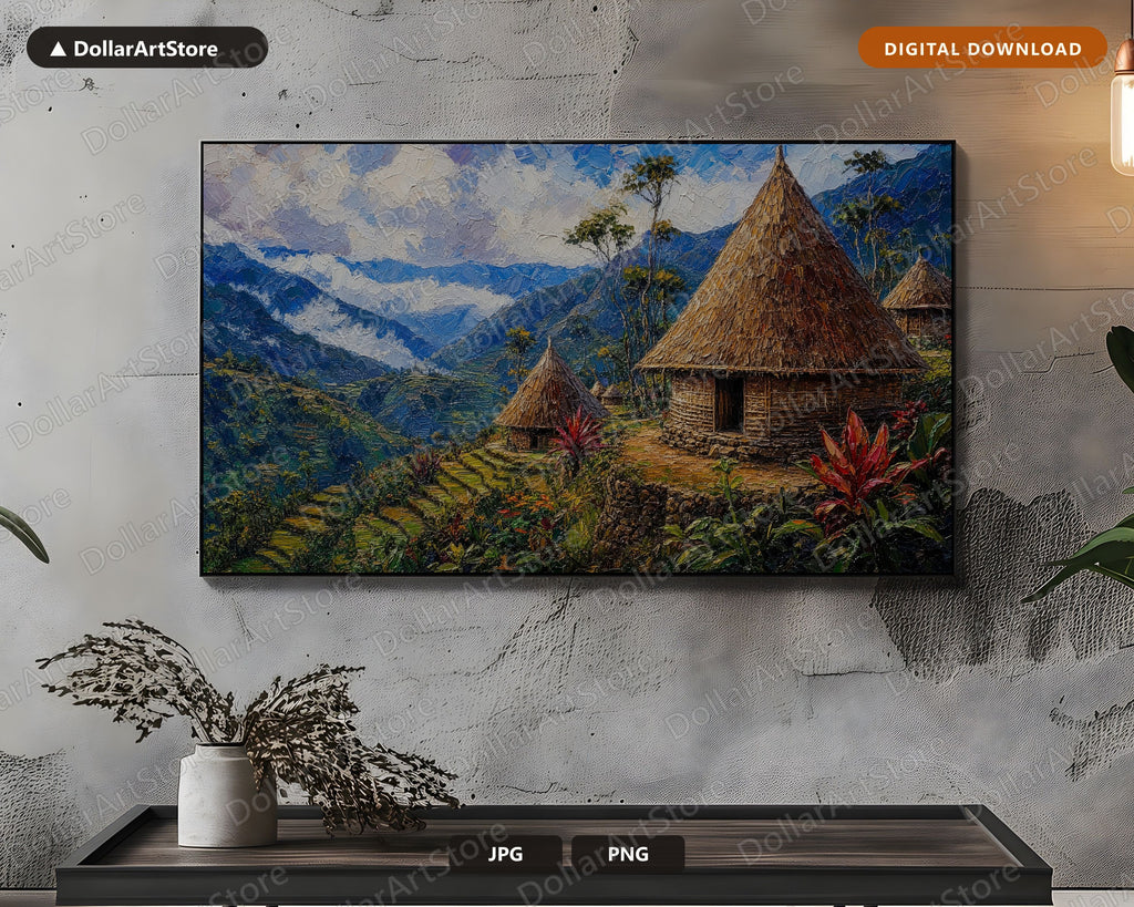 Cozy Highland Village Frame TV Art, Papua New Guinea Landscape, Samsung Frame TV 4K Digital Download