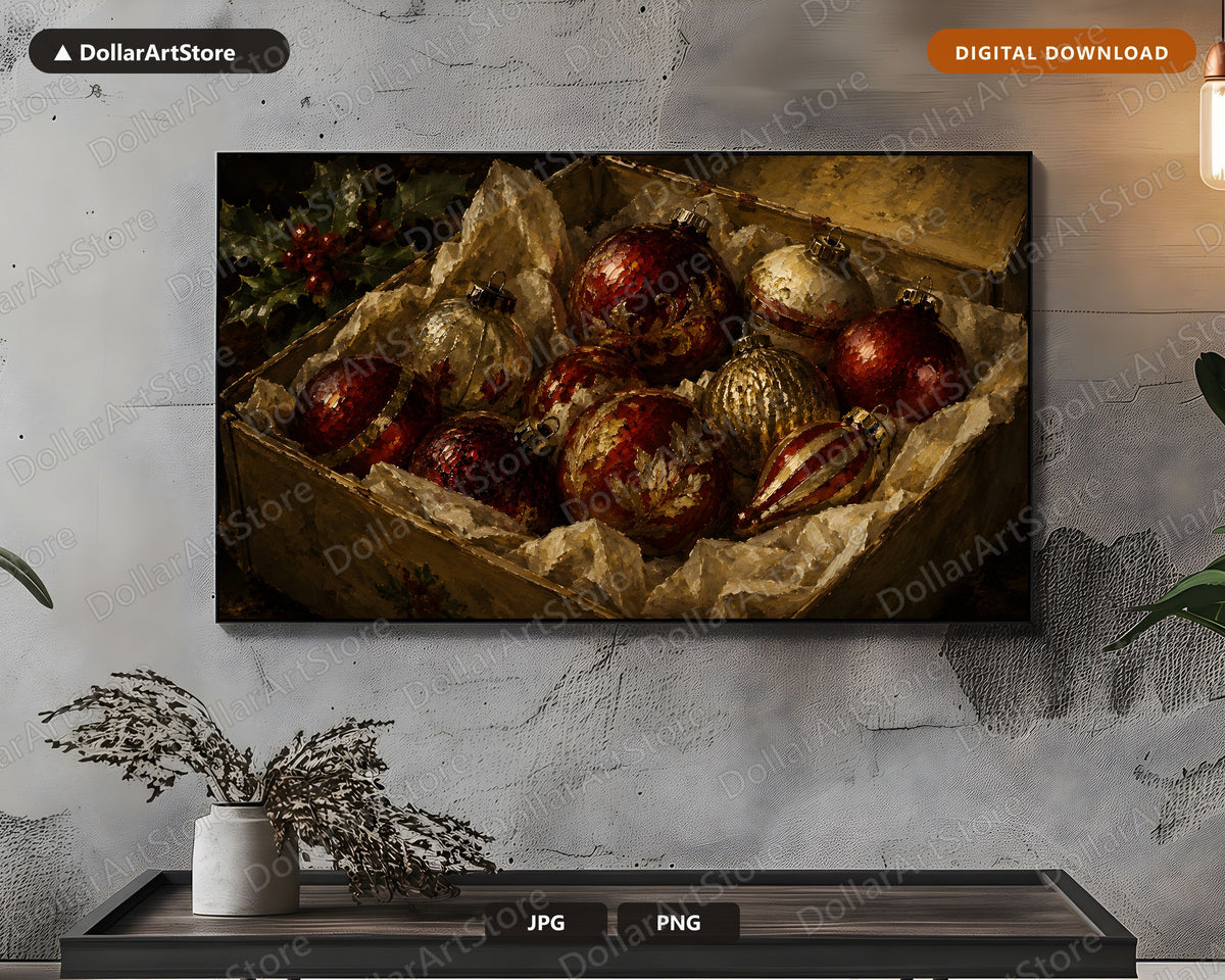 Cozy Christmas Frame TV Art, Red Gold Ornaments Rustic Holiday Screensaver, 4K Samsung Frame TV Digital Download