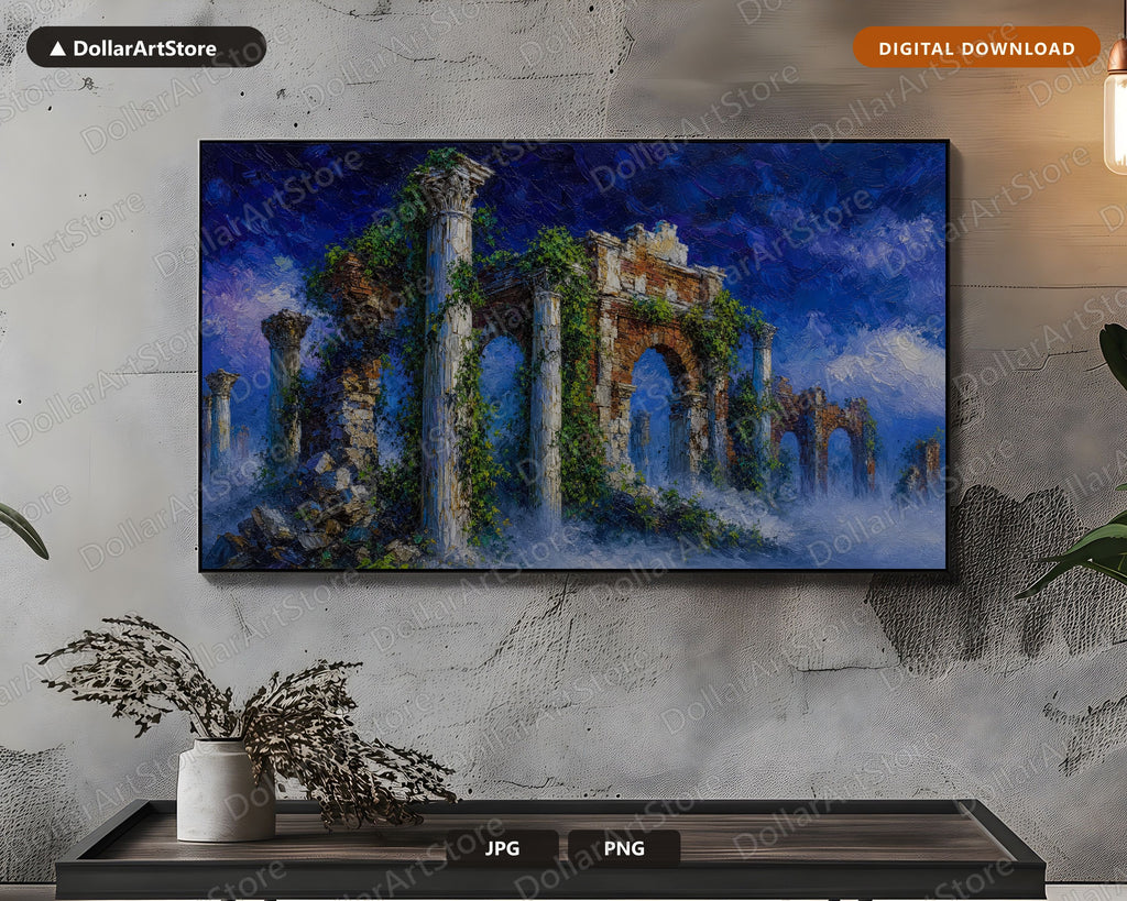 Cozy Scenery Frame TV Art, Roman Ruins Evening Mist, Samsung Frame TV Digital Download 4K