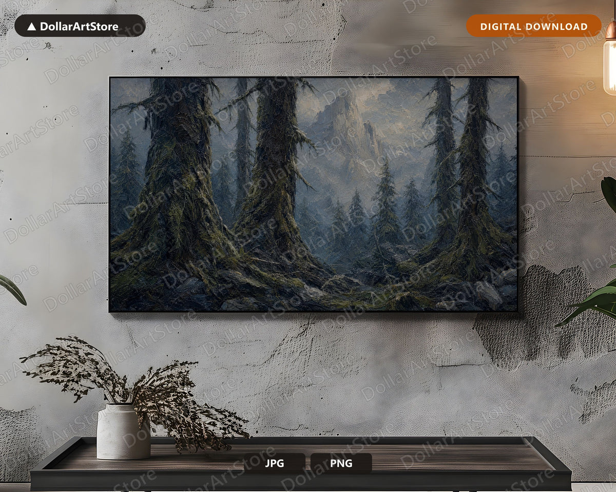 Cozy Dark Forest Frame TV Art, Samsung Frame TV Digital Download, Moody Mountain Scenery 4K