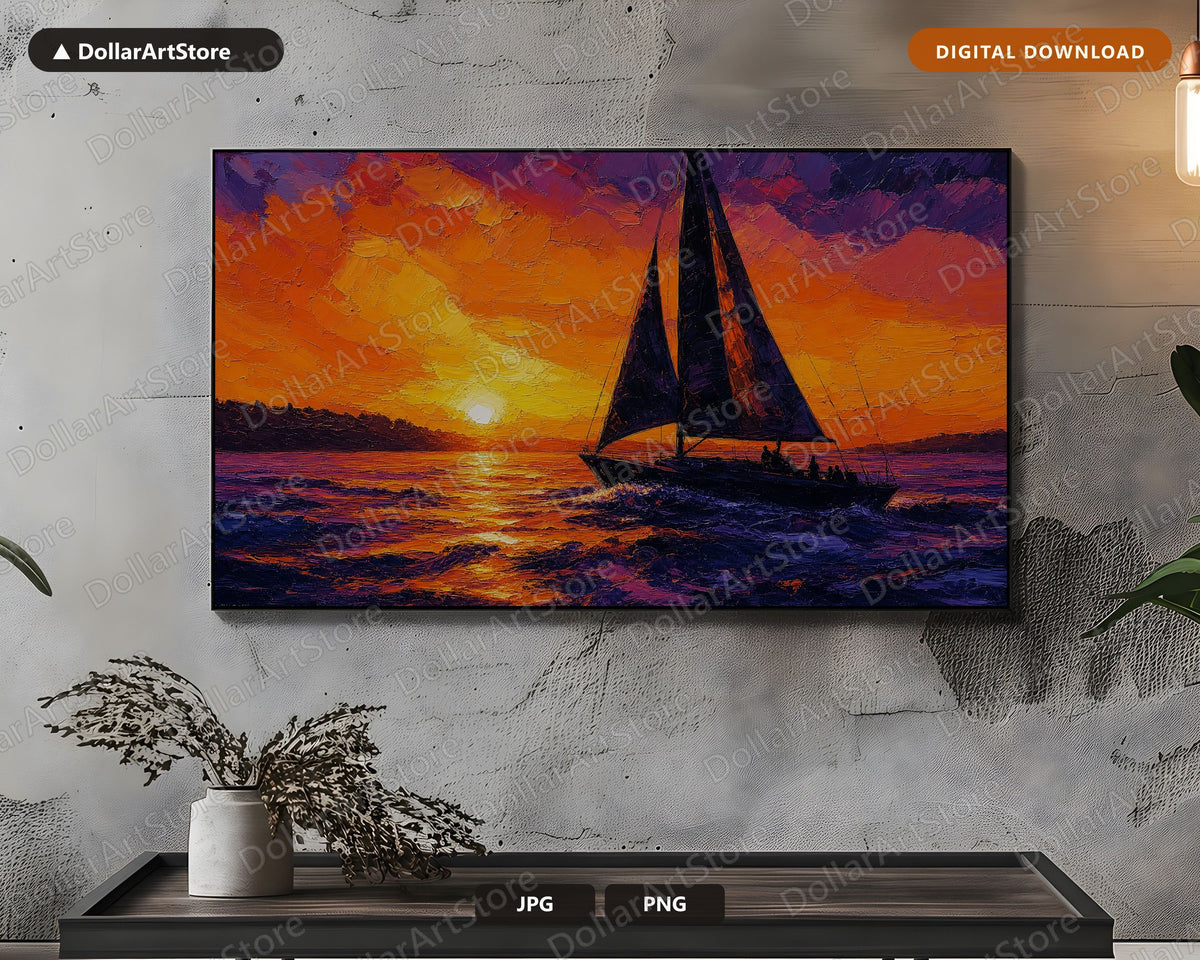 Textured Sailboat Sunset Samsung Frame TV Art | Digital Download