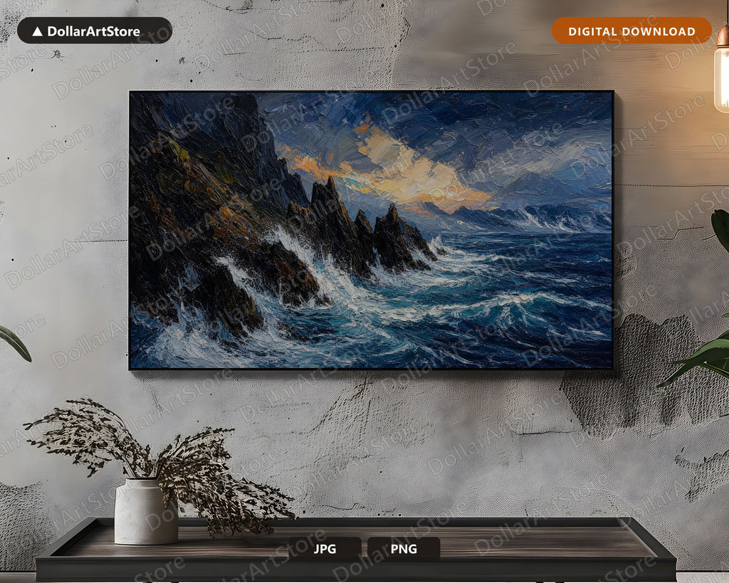 Cozy Arctic Seascape Frame TV Art, Textured Polar Ocean Cliffs, Samsung Frame TV 4K Digital Download
