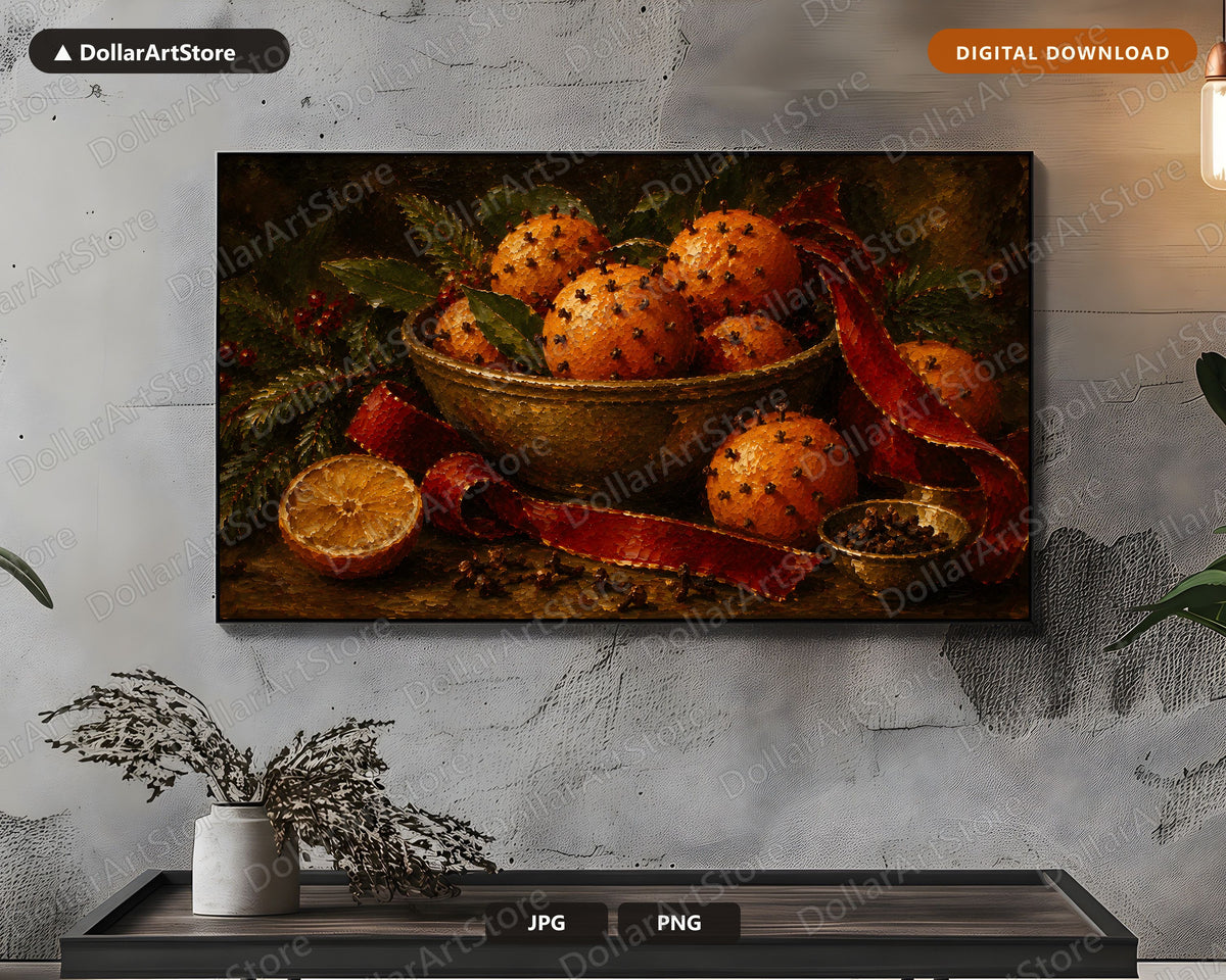 Cozy Holiday Frame TV Art, Christmas Oranges & Cloves Samsung TV Digital Download, 4K Textured Festive Screensaver Art