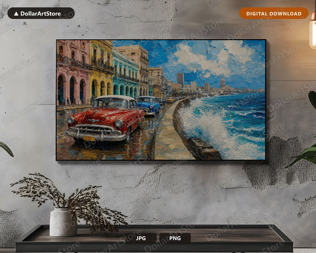 Cozy Havana Street Scene Frame TV Art, Samsung Frame TV Digital Download, 4K Textured Scenery