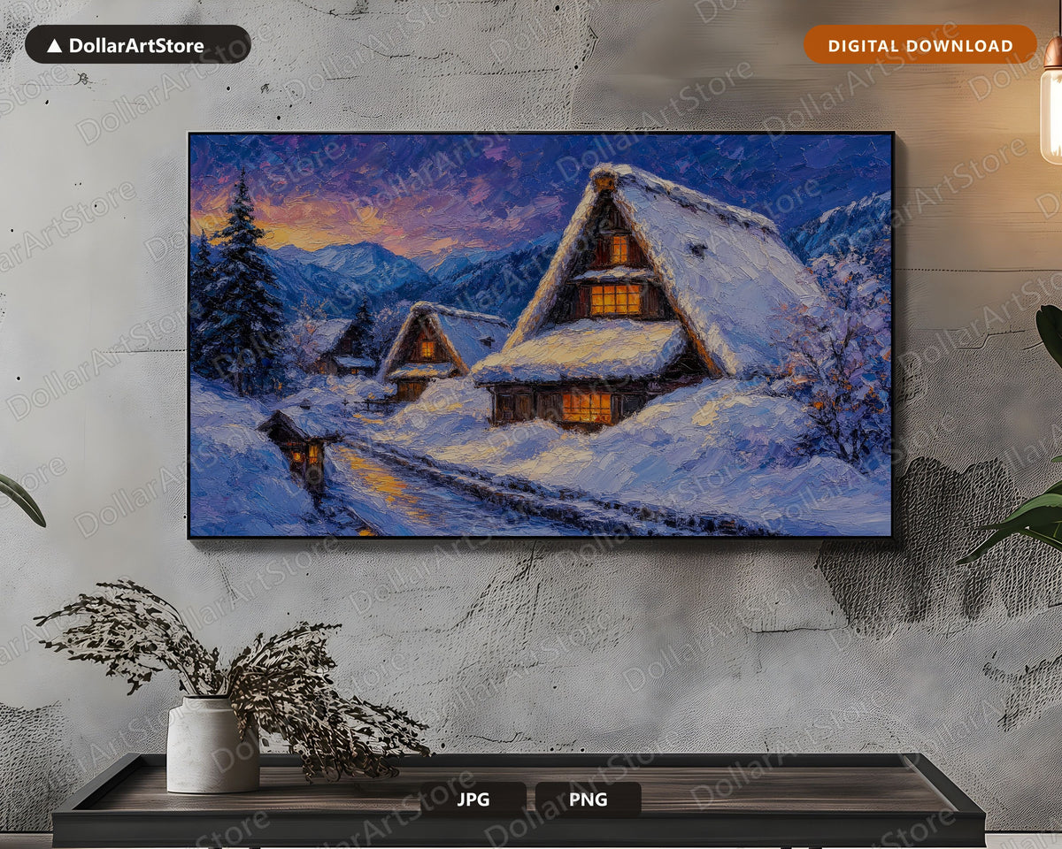 Cozy Winter Frame TV Art, Snow Mountain Cottage Landscape, Samsung Frame TV 4K Digital Download
