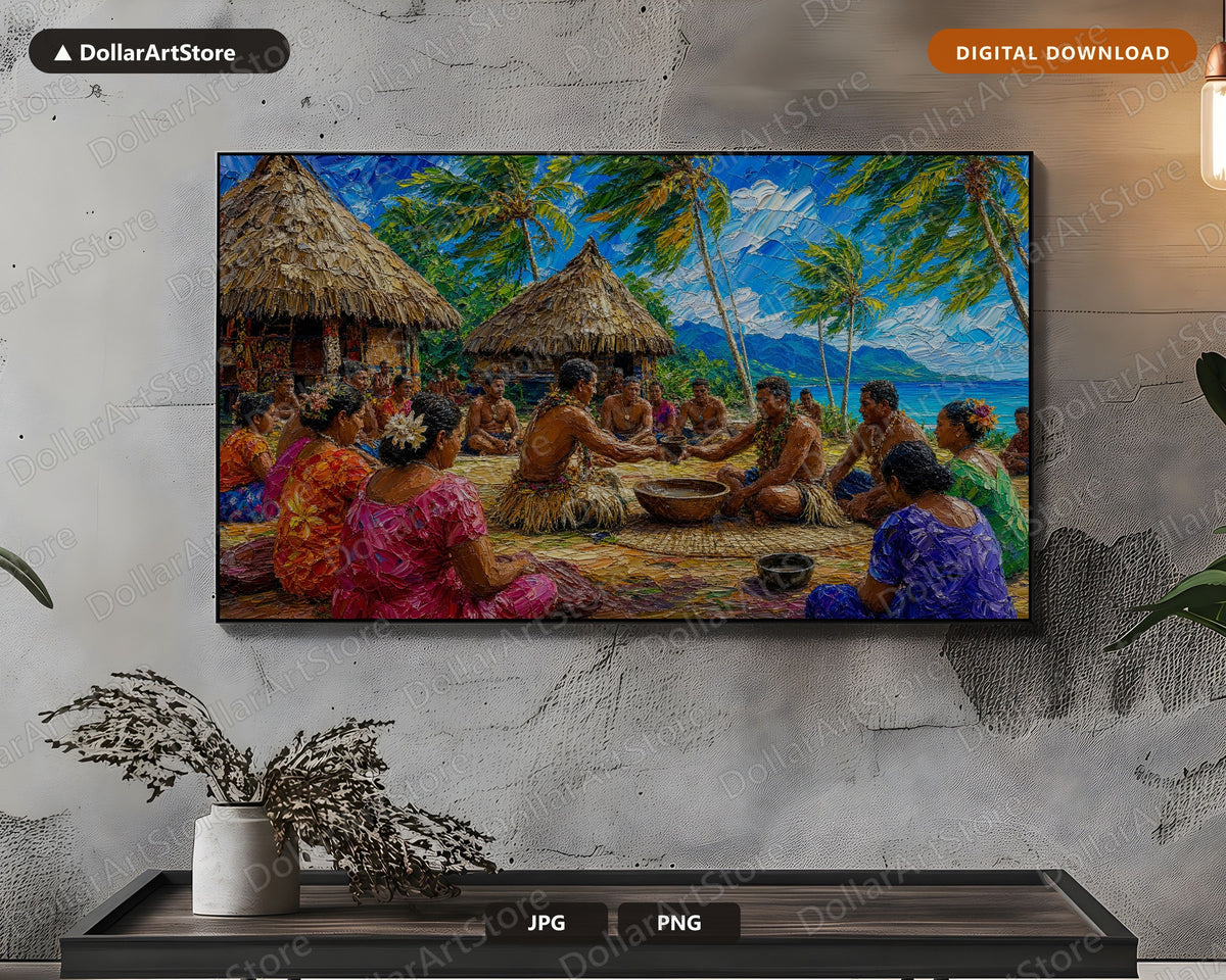 Cozy Fiji Village Frame TV Art, Samsung Frame TV Digital Download, 4K Tropical Scenery