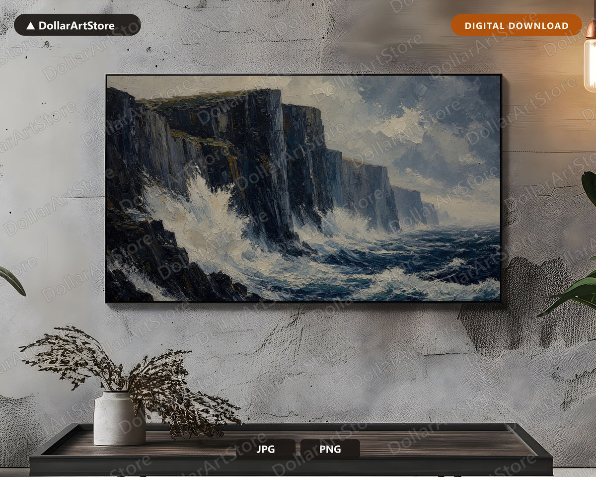 Moody Coastal Cliffs Frame TV Art, Samsung Frame TV Digital Download, 4K Textured Seascape Screensaver