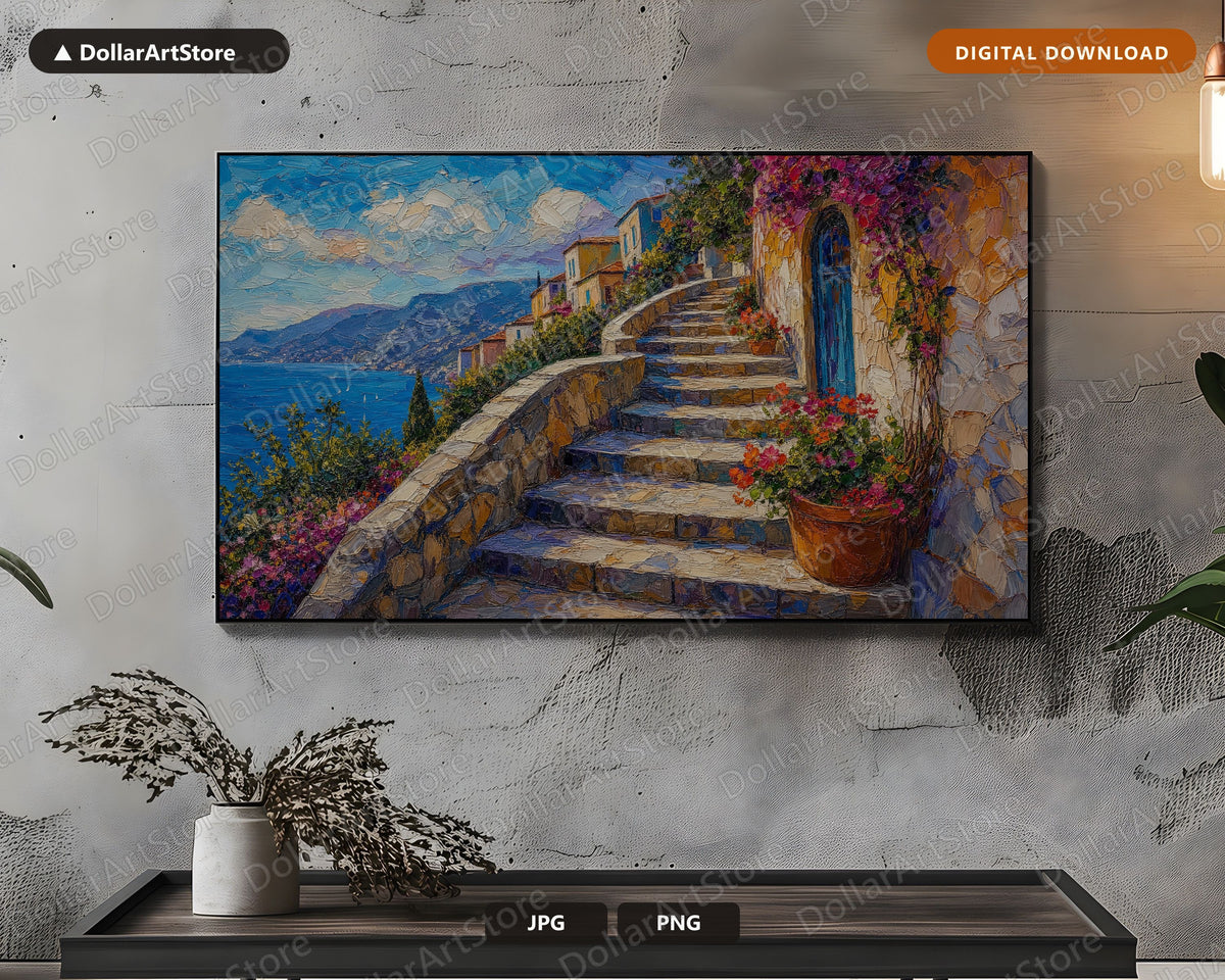 Cozy Mediterranean Coastal Frame TV Art, Samsung Frame TV Digital Download, 4K Textured Screensaver