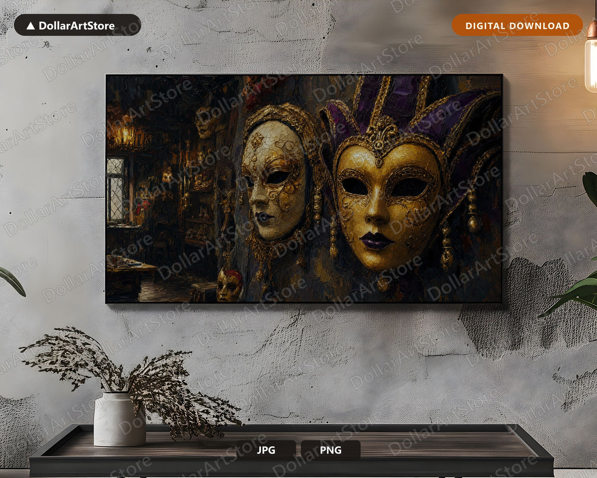 Venetian Mask Workshop Frame TV Art, Moody Dark Gold Samsung Frame TV Digital Download 4K