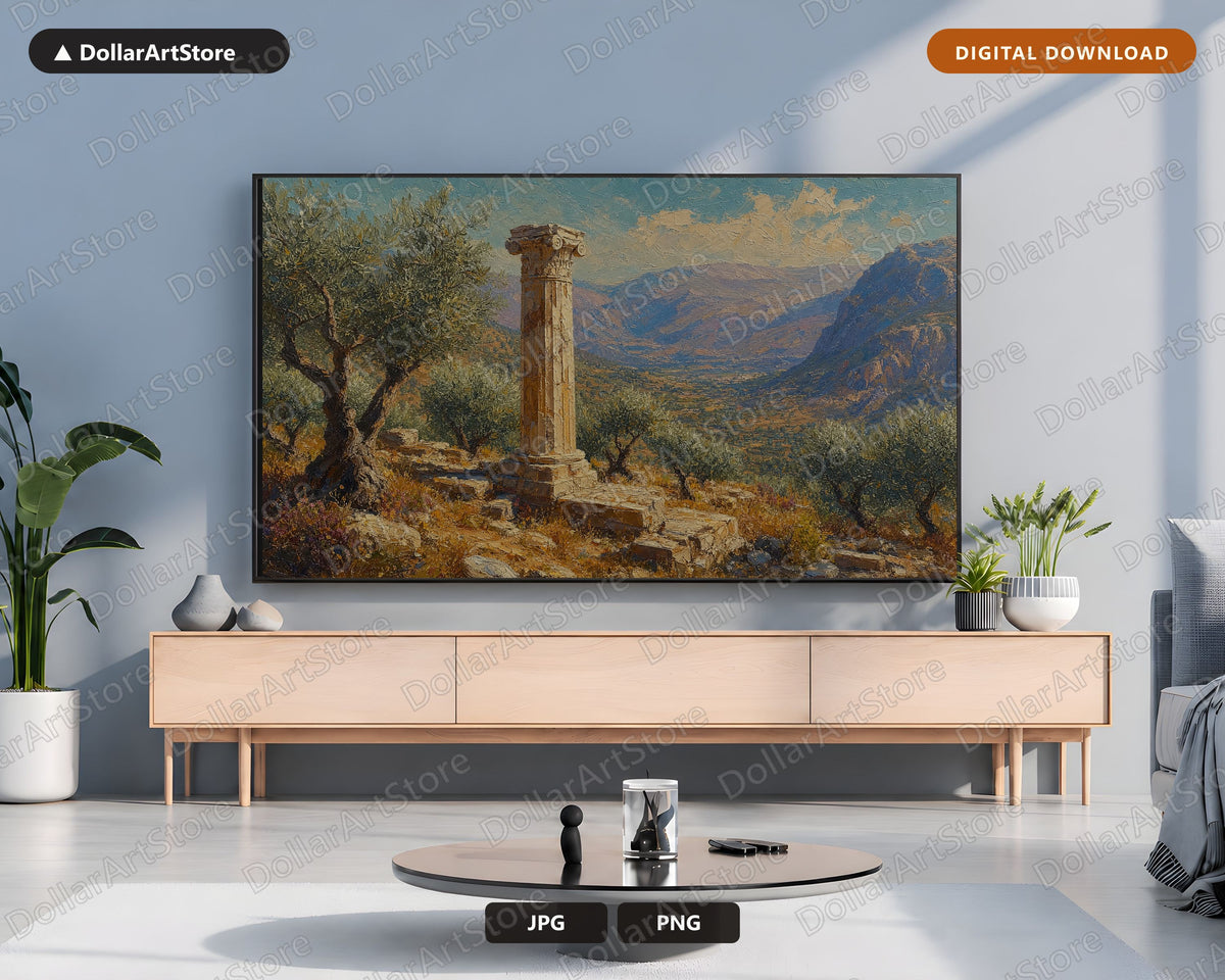 Cozy Scenic Frame TV Art, Ancient Greek Temple Ruins, Samsung Frame TV Digital Download, 4K Textured Landscape Screensaver