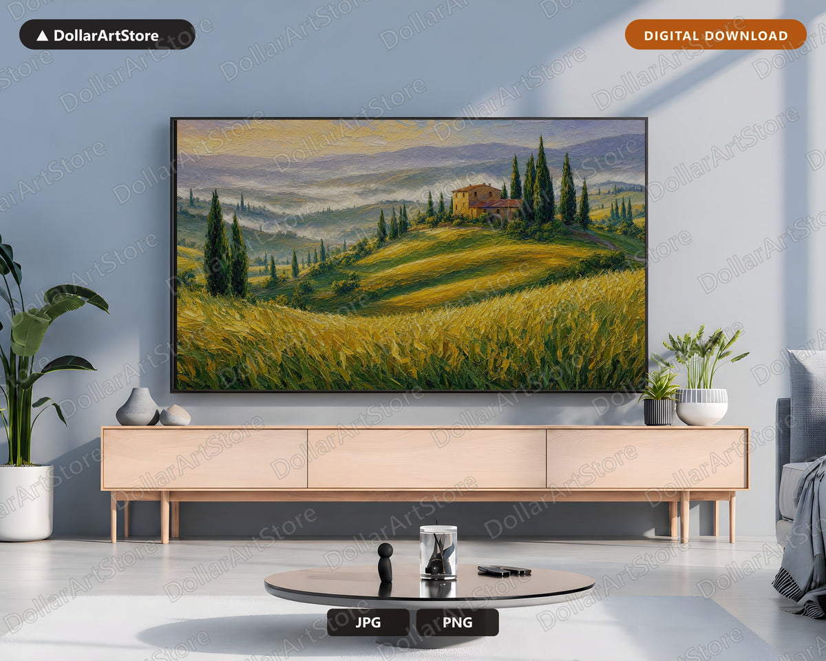 Cozy Tuscan Landscape Frame TV Art, Samsung Frame TV Digital Download, 4K Textured Cypress Hills Screensaver