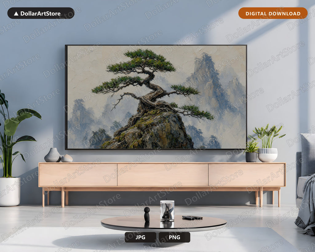 Cozy East Asian Bonsai Frame TV Art, Samsung Frame TV Digital Download, 4K Textured Mountain Scenery