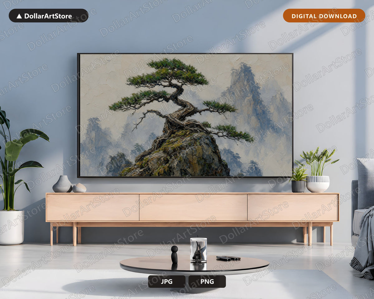 Cozy East Asian Bonsai Frame TV Art, Samsung Frame TV Digital Download, 4K Textured Mountain Scenery