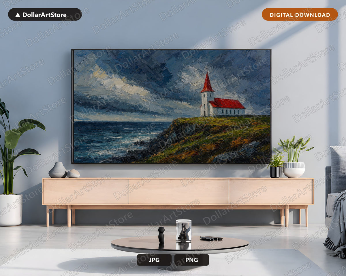 Arctic Church Frame TV Art, Textured Coastal Landscape Samsung Frame TV Digital Download 4K